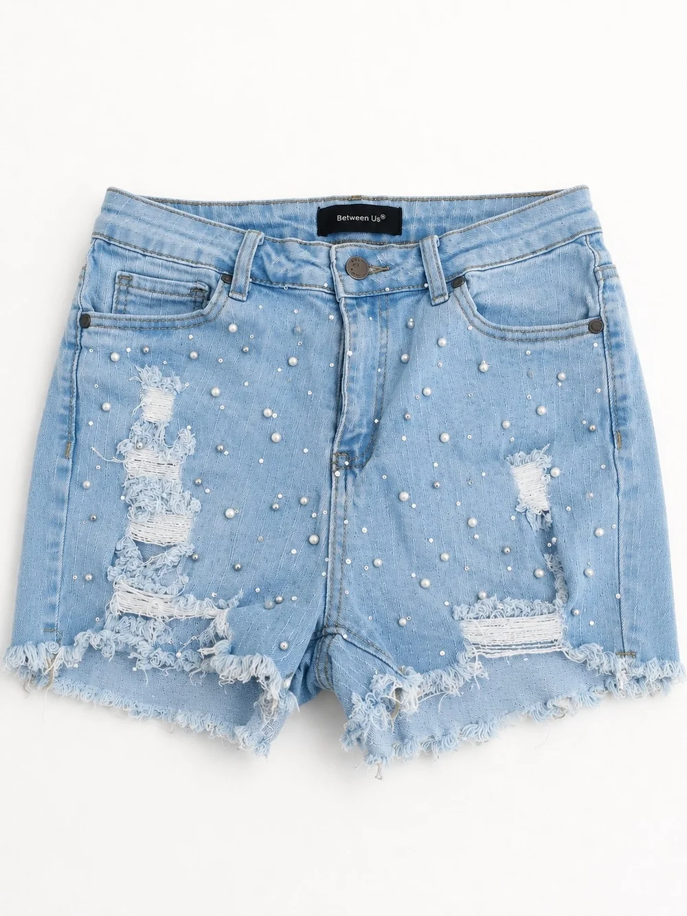 Between Us Distressed Pearl Embellished Denim Shorts Light Wash Frayed Hem Women